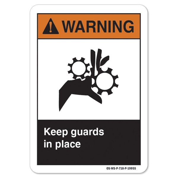 ANSI Warning Sign, Keep Guards In Place, 14in X 10in Aluminum, 14" W, 10" H, Landscape